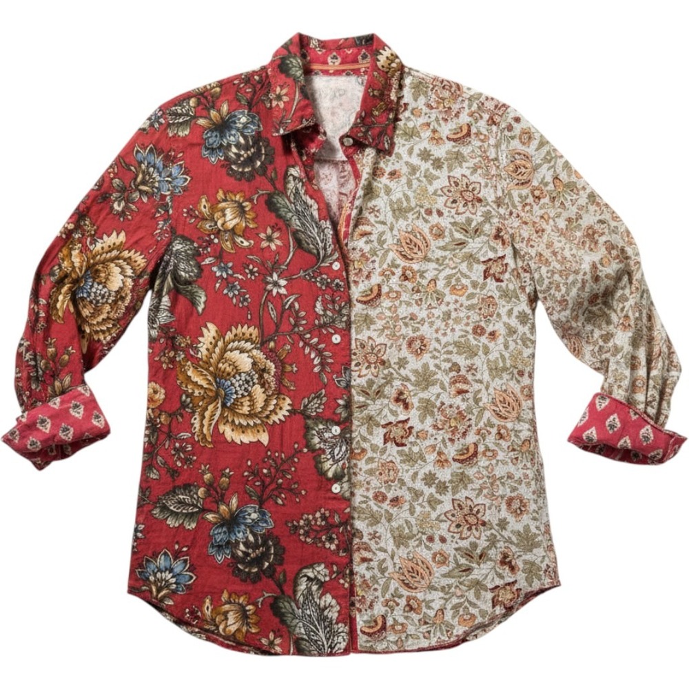Cino Provence Mix Shirt Small Red Floral Crinkle Cotton Button Down Boho Chic